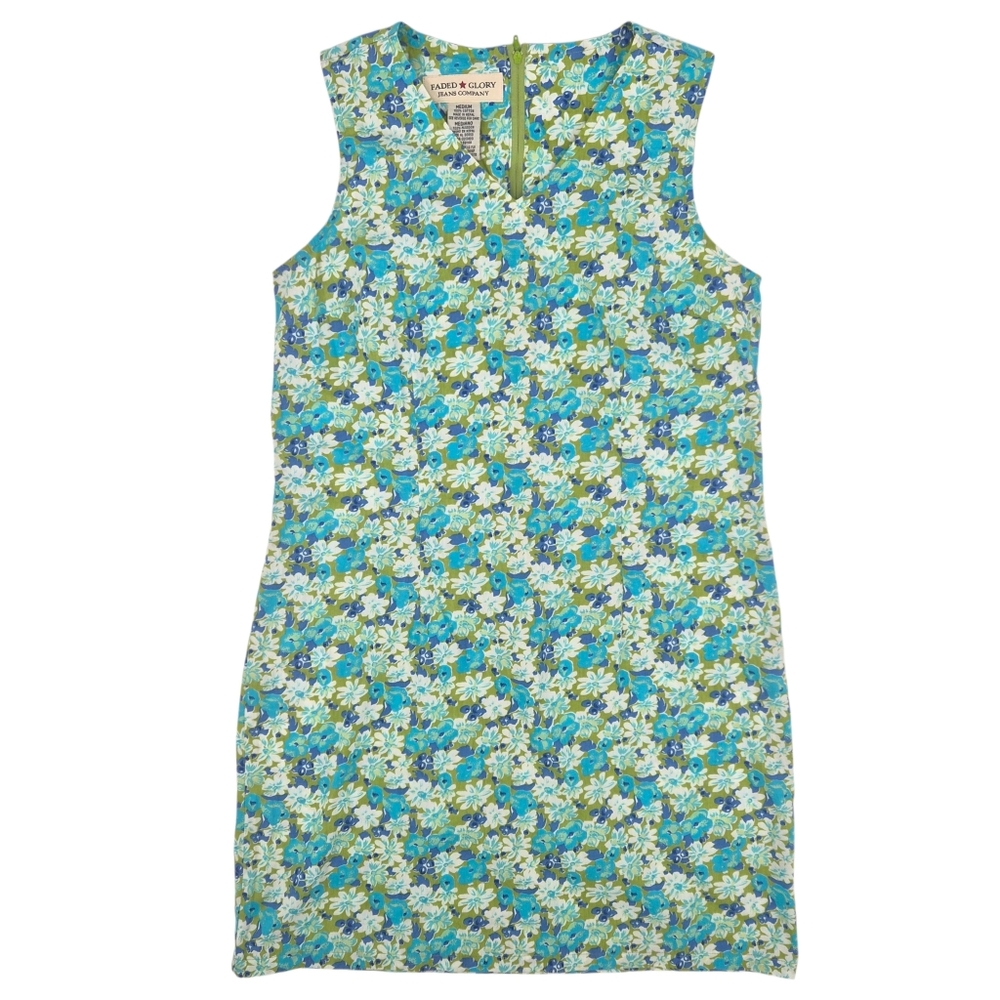 Y2k Faded Glory Blue Green Cotton Floral V-Neck Dress Size M‎